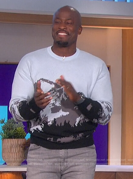 Akbar's gray mountain print sweater on The Talk