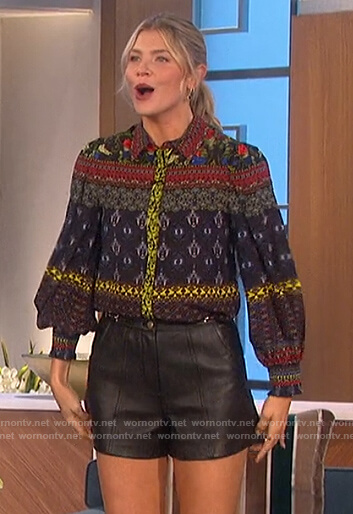 Amanda's mixed print blouse and leather shorts on The Talk