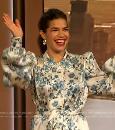 America Ferrera's blue floral satin blouse and pants on The Drew Barrymore Show