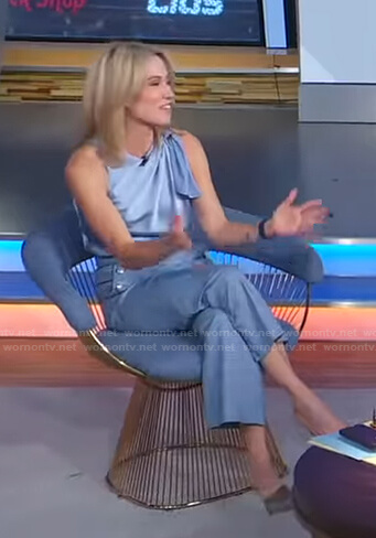 Amy's blue bow shoulder top and check pants on Good Morning America