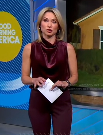 Amy's burgundy velvet sleeveless top and pants on Good Morning America