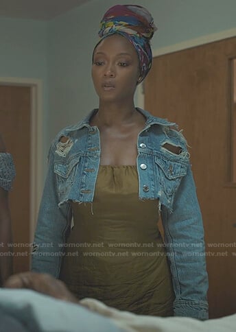 Angela's khaki dress and cropped denim jacket on Our Kind of People