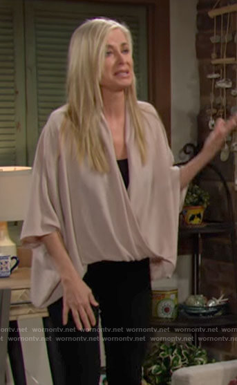 Ashley's beige draped cross front blouse on The Young and the Restless