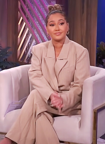 Adrienne's beige pinstripe blazer and pants on The Real
