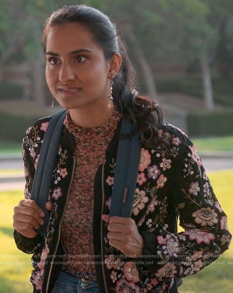Bela's floral embroidered bomber jacket on The Sex Lives of College Girls