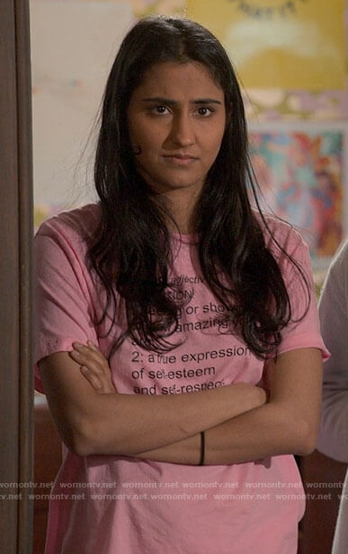 Bela's pink Proud description tee on The Sex Lives of College Girls