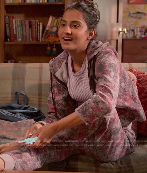 Bela's purple spray paint print hoodie and sweatpants on The Sex Lives of College Girls