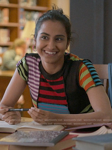 Bela's striped patchwork top on The Sex Lives of College Girls