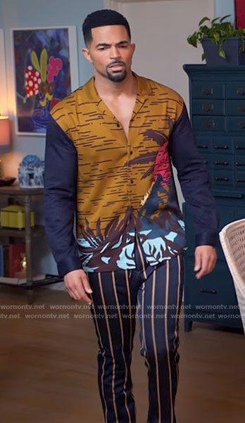 Calvin's printed shirt and striped pants on Tyler Perrys Sistas