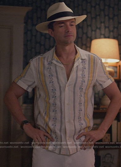 Tom's white floral stripe shirt on Home Economics