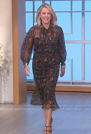 Deborah Norville's black floral tie neck dress on The Talk