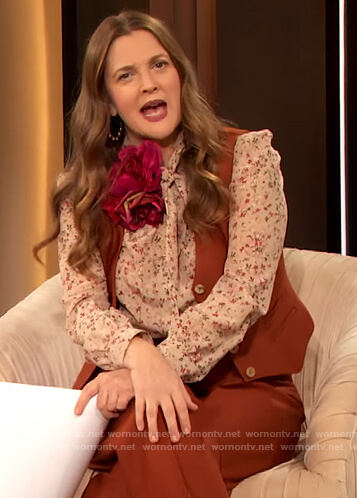 Drew's floral tie neck blouse on The Drew Barrymore Show