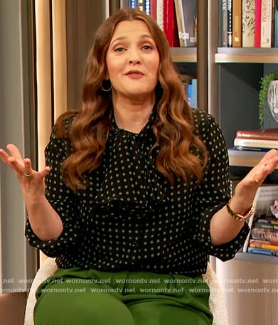 Drew's black polka dot tie neck blouse on The Drew Barrymore Show