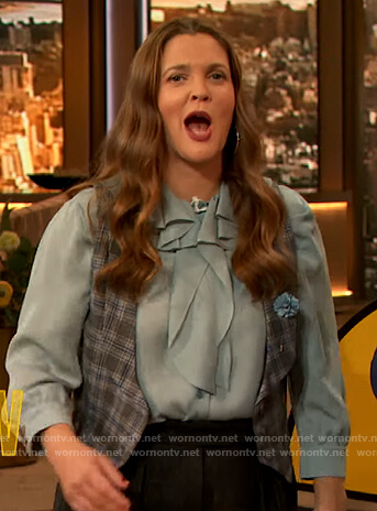 Drew's blue ruffle front blouse on The Drew Barrymore Show