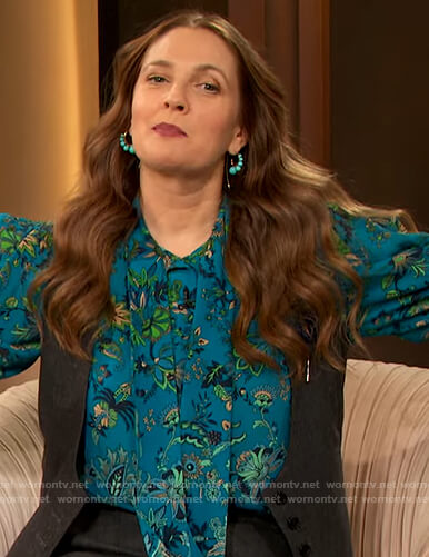 Drew's blue floral print tie neck blouse on The Drew Barrymore Show