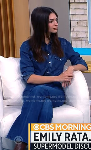 Emily Ratajkowski's denim shirt and jeans on CBS Mornings