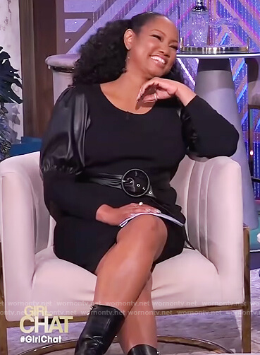Garcelle's black leather puff sleeve dress on The Real