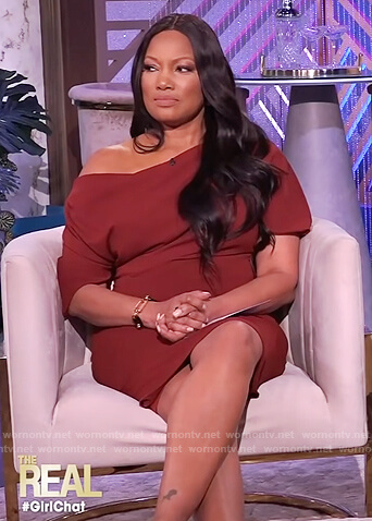 Garcelle's burgundy off shoulder dress on The Real