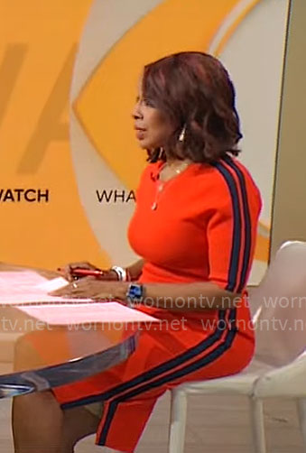 Gayle King's red dress with side stripes on CBS Mornings