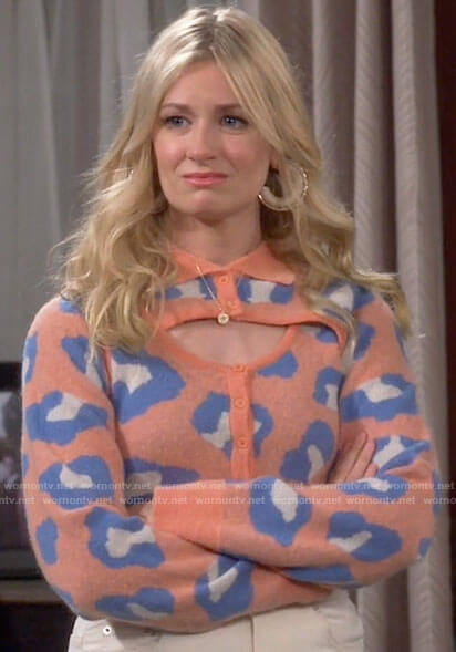 Gemma's coral leopard print sweater and dip dye jeans on The Neighborhood