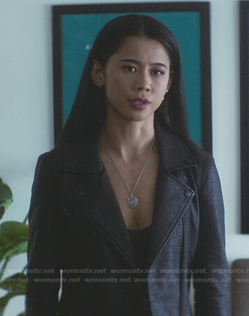 George's black leather moto jacket on Nancy Drew