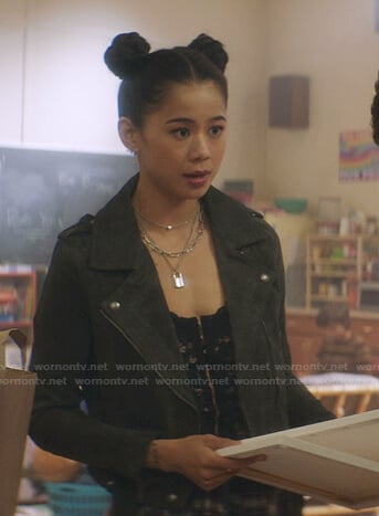 George's grey suede moto jacket on Nancy Drew