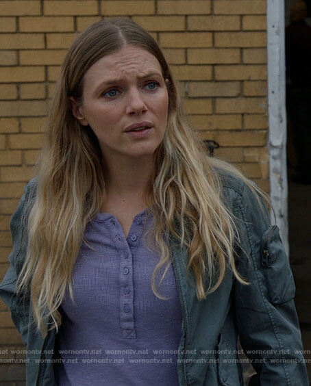 Hailey's purple henley top and utility jacket on Chicago PD