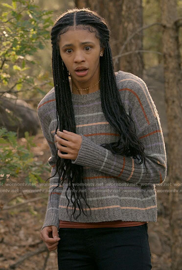 Harper's grey striped sweater on Big Sky
