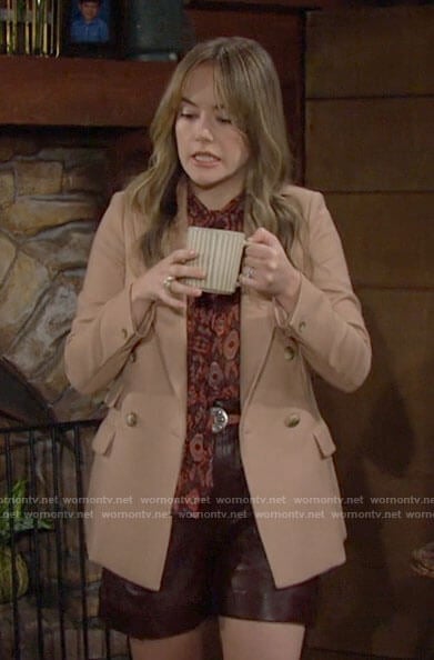 Hope's camel blazer and red printed blouse on The Bold and the Beautiful