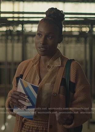 Issa's brown stripe cardigan on Insecure