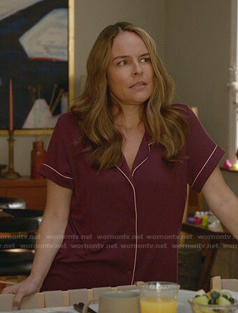 Izzy's burgundy short sleeve pajama shirt on Bull
