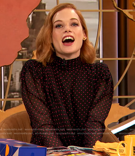 Jane Levy's black polka dot dress on The Drew Barrymore Show
