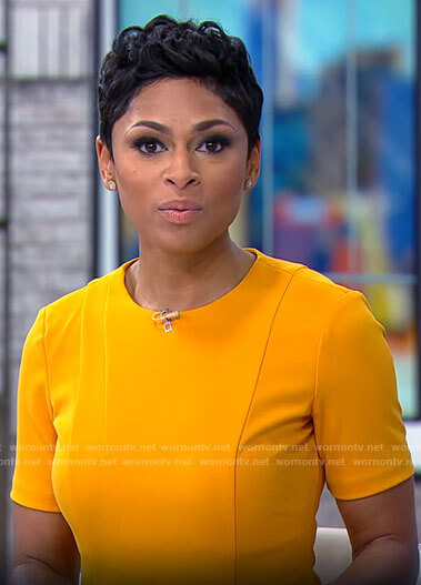 Jericka Duncan's orange short sleeved dress on CBS Mornings