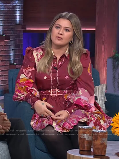 Kelly's burgundy star print belted mini dress on The Kelly Clarkson Show