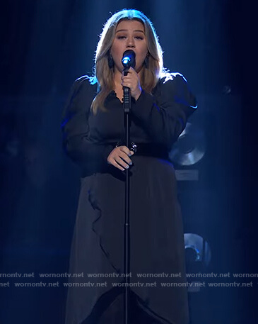 Kelly's black satin puff sleeve dress on The Kelly Clarkson Show
