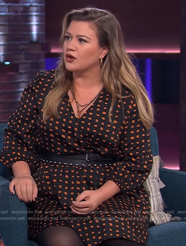 Kelly's black polka dot wrap dress on The Kelly Clarkson Show