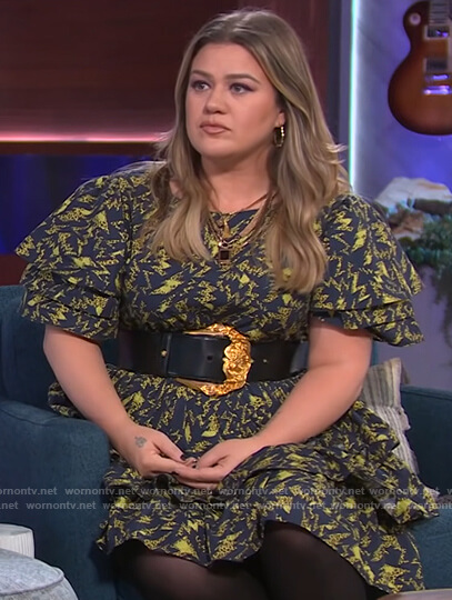 Kelly's black printed ruffle dress on The Kelly Clarkson Show