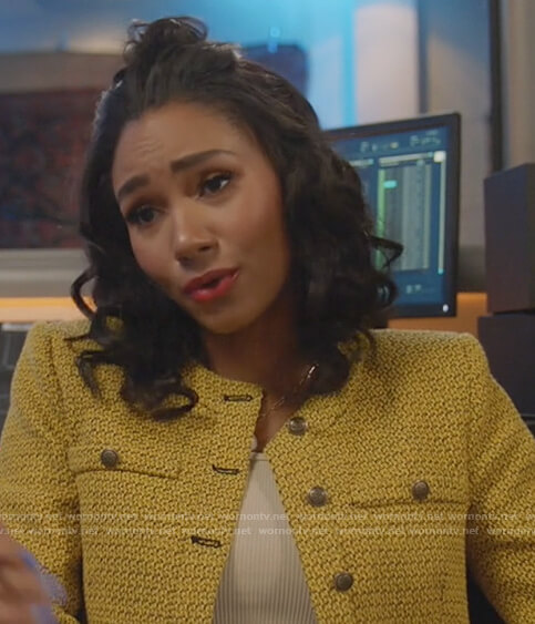 Layla's mustard jacket and beige knit tank on All American