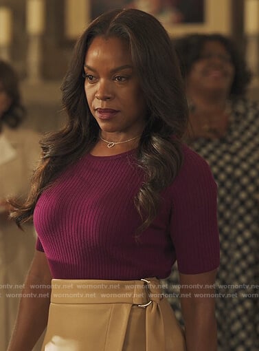Leah's purple ribbed sweater top and skirt on Our Kind of People