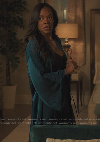 Leah's teal lace trim robe on Our Kind of People