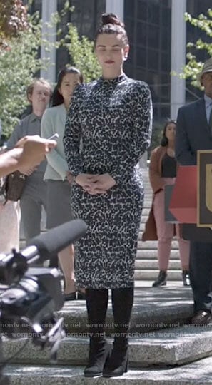 Lena's blue printed long sleeve dress on Supergirl
