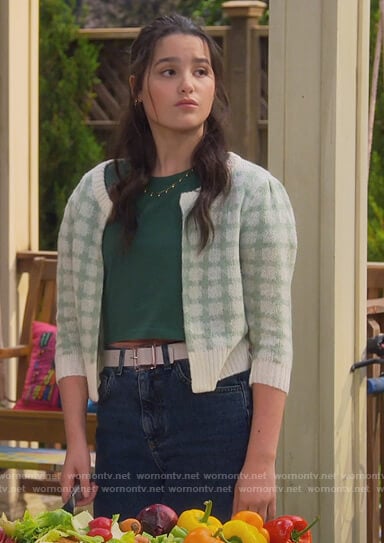 Lex's green checked cardigan on Side Hustle