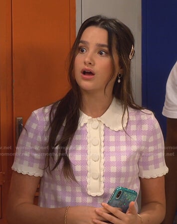 Lex's purple check polo top on Side Hustle
