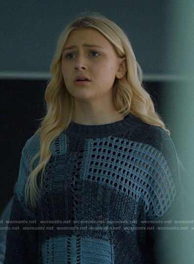 Lexy's blue patchwork knit sweater on Chucky