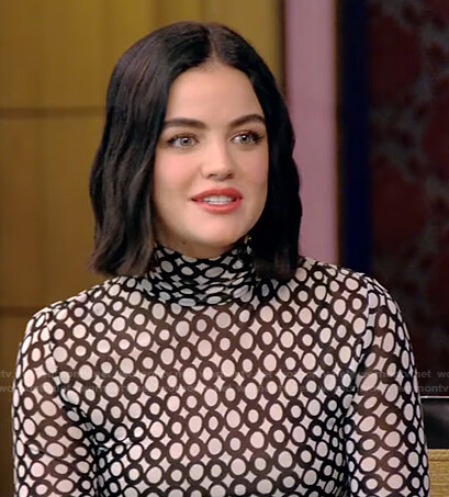 Lucy Hale's ring print jumpsuit on Live with Kelly and Ryan
