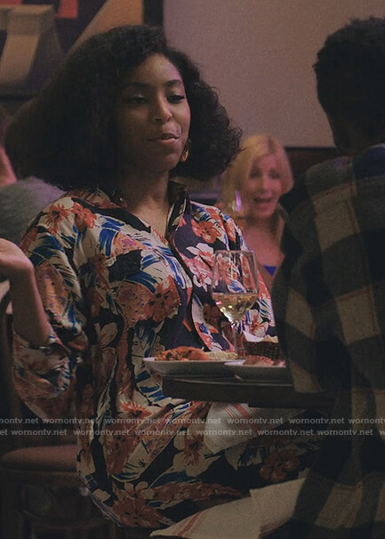 Mia's floral long shirt on Love Life