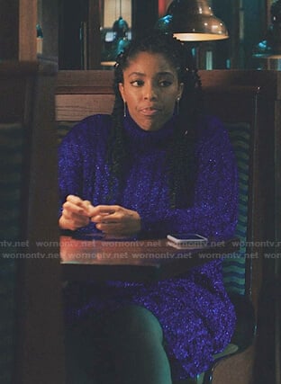 Mia's blue lurex cable knit sweater dress on Love Life