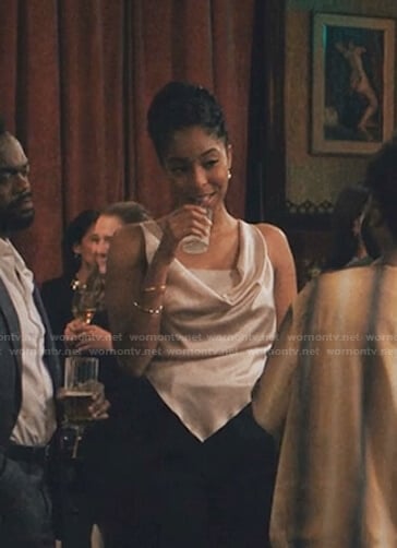 Mia's ivory draped satin top on Love Life