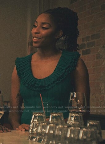 Mia's green ruffled scoop neck dress on Love Life