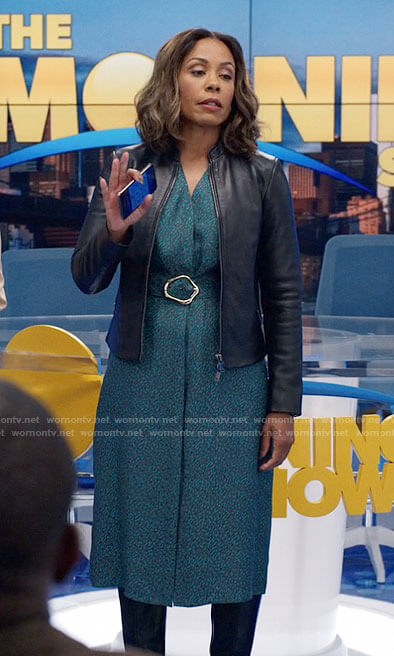 Mia's teal printed midi dress on The Morning Show
